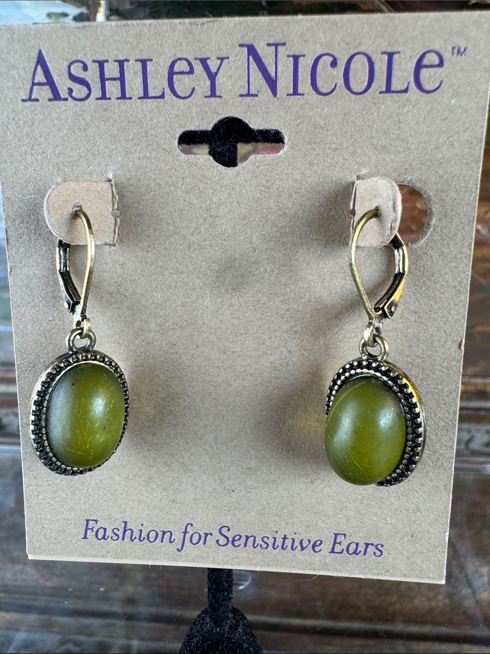 0481-Olive Green Dangle Earrings for Sensitive Ears